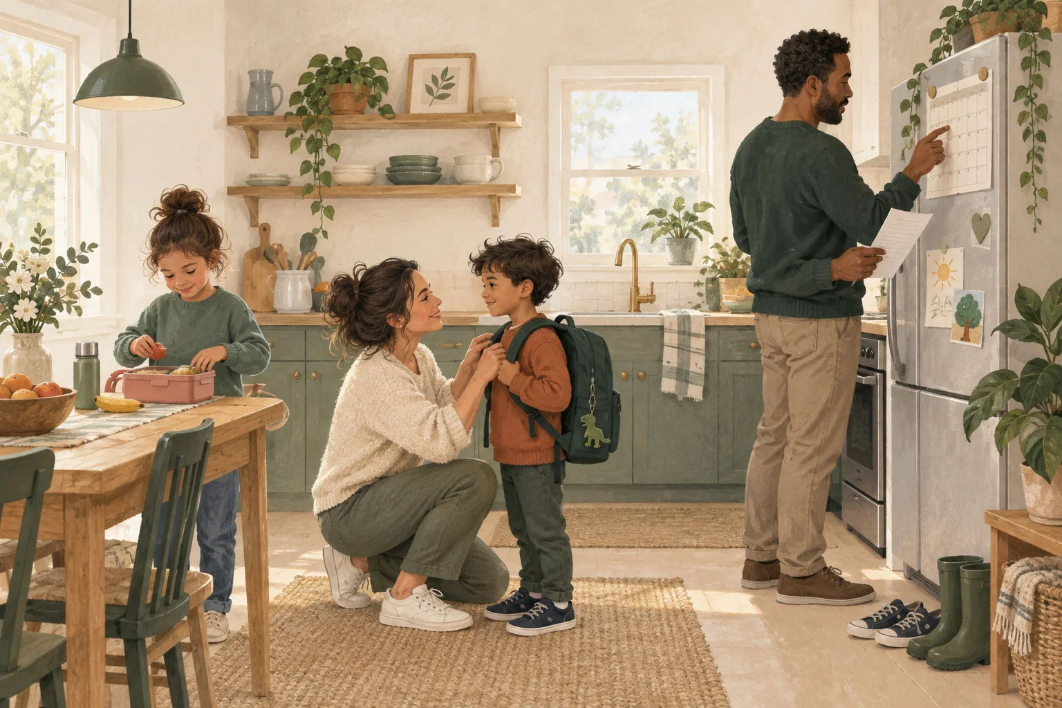 Parents and children getting ready for school together, with a school notice, backpack and breakfast to coordinate.
